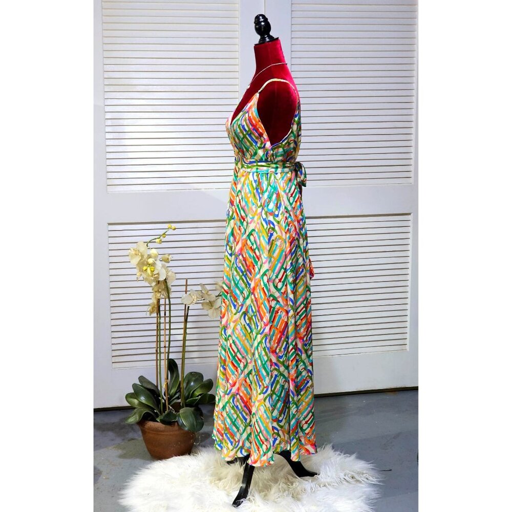 Advance Women's Multicolor Silk Maxi Dress Adjustable Tie One Sz Fits Most 2563 - Picture 4 of 10